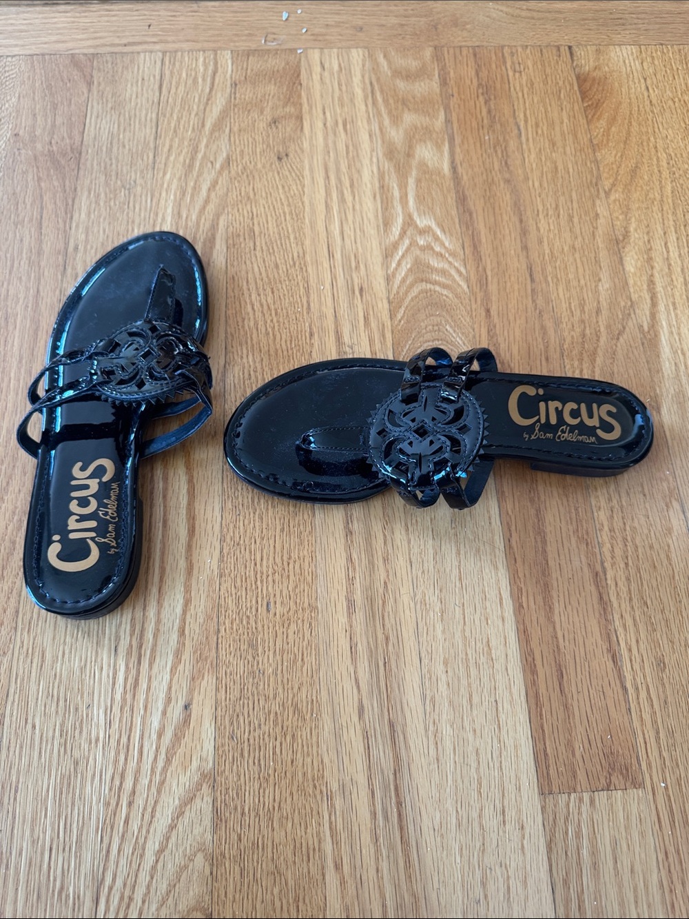 Circus by Sam Edelman Black Patent Slide Sandals with Decorative Cutout